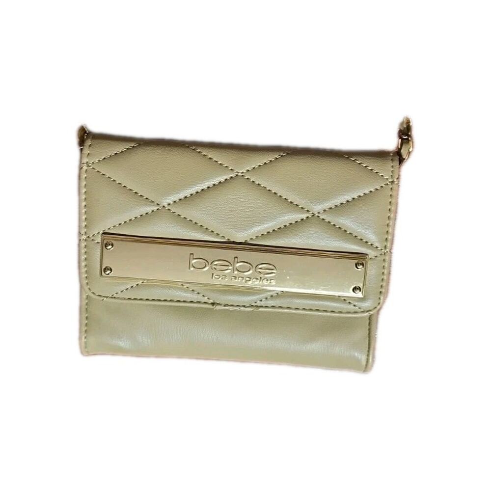 Bebe Small Quilted Crossbody Bag Beige Gold Compact Handbag Credit Card Slots